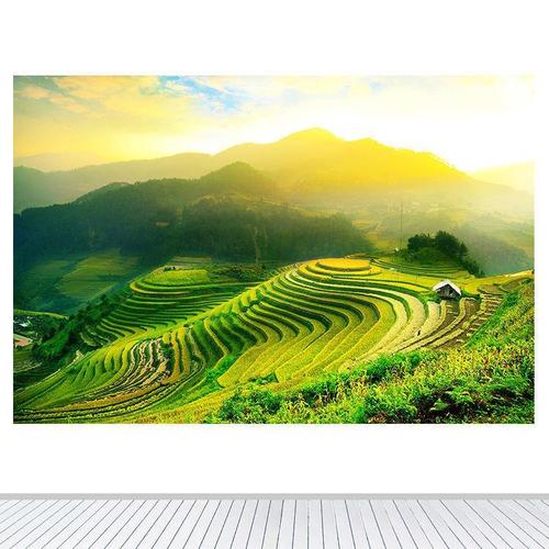 山村田野风景画绿色农村农田壁画稻田梯田装饰画客厅卧室店面墙贴