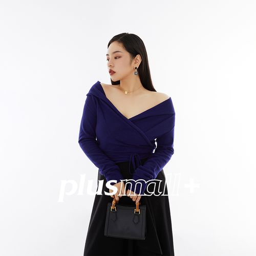plusmall大码女装早秋新款胖mm设计感小众羊毛交叉系带上衣