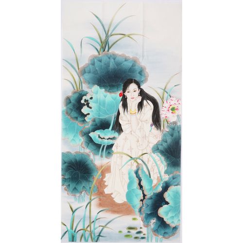 纯手工国画工笔画四尺仕女图香荷人物画没题款无款画04730