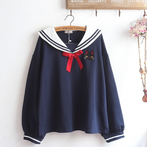可爱日系秋装学生水手服初中高中生蝴蝶结猫咪刺绣海军领宽松卫衣