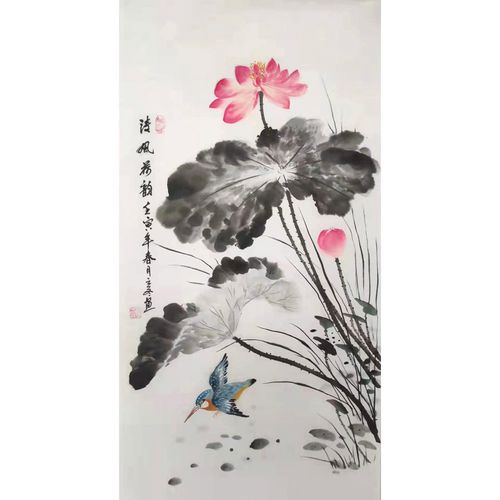 挂墙纯手绘国画荷花三尺竖版水墨画写意玄关过道茶室入门挂画装饰
