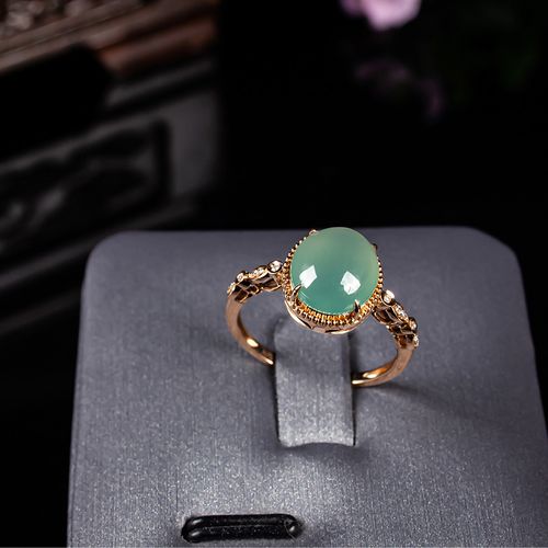 天然a货玉石女士戒指 冰种冰透蓝水翡翠戒指戒面蛋面18k金镶嵌