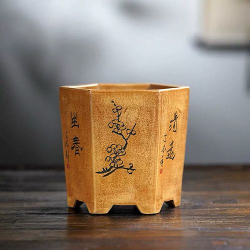 台湾回流紫砂花盆名家全手工六方原矿宜兴老段泥精品兰花盆高档