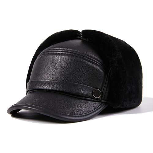 冬季羊皮帽真皮帽男士中老年人保暖加绒厚款平顶鸭舌护耳帽子 黑色 l