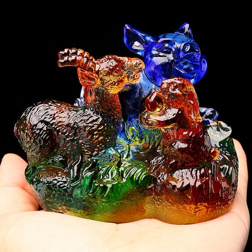 2022年猪兔羊三合摆件猪兔赐禄兔羊赐瑞羊兔展宏运琉璃摆件吊坠