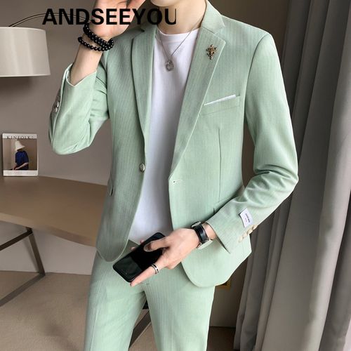 帅气西装男套装青年韩版潮流修身外套休闲西服结婚 草绿色(单西装) m