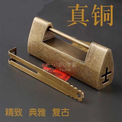 中式小铜锁纯铜仿古铜锁老式插销锁古代锁古铜锁复古锁头横开挂锁