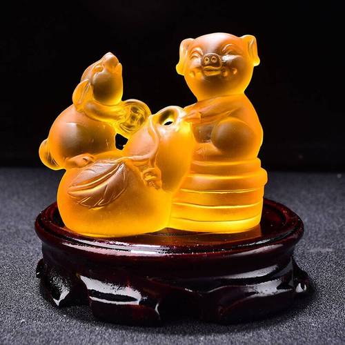 易明开居猪兔赐禄琉璃摆件2021牛年属羊人吉祥物礼物