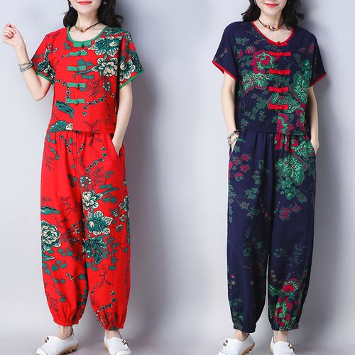 夏季复古民族风大码棉麻唐装中老年妈妈时尚休闲套装女两件套洋气