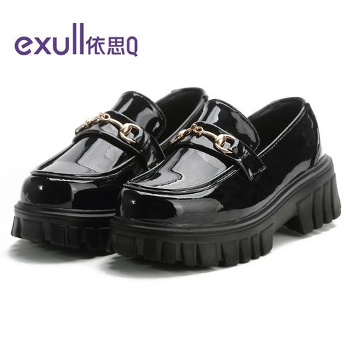 exull依思q小皮鞋英伦风单鞋2022一脚蹬乐福鞋厚底松糕鞋女50847 黑色