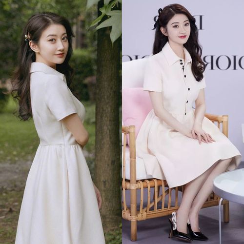 司藤景甜同款白色短袖衬衫领连衣裙2020夏新款修身大