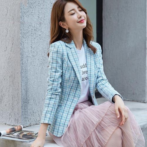 西装外套女2020新款春秋韩版修身长袖百搭格子小西服女士上衣短款