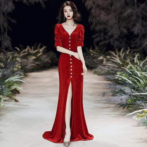 敬酒服新娘女长袖秋冬季2019结婚新款气质优雅酒红色礼服丝绒显瘦