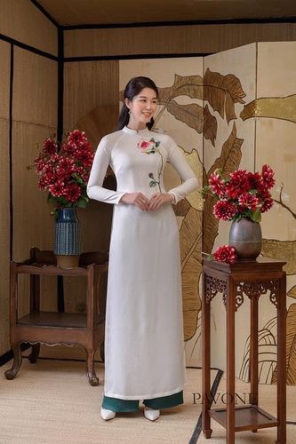 正宗越南奥黛京族服装改良版旗袍婚宴酒席礼服绣花款白色套装