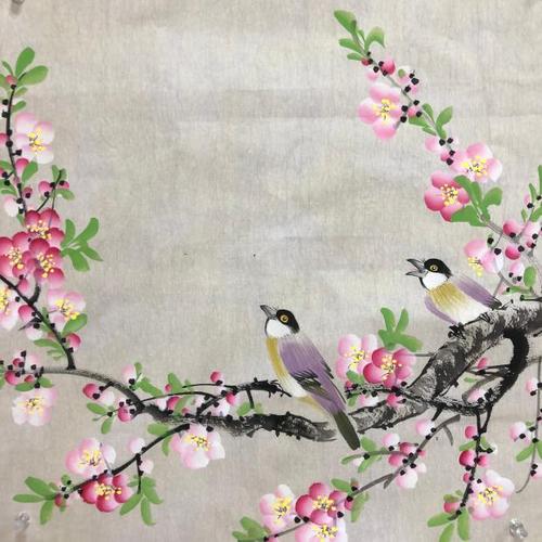 桃花鸟纯手绘三尺斗方花鸟国画字画客厅玄关书房卧室装饰