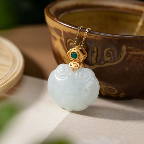 s925纯银镀金天然翡翠个性简约如意小巧平安锁女士吊坠挂坠