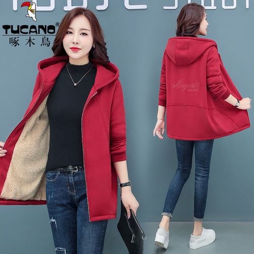 啄木鸟抓绒外套女中长款连帽2020年新款卫衣摇粒绒开衫加绒加厚冬
