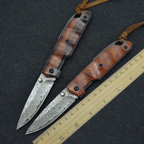 大马士革钢折叠刀随身户外防身锋利手工折刀高硬度花纹小刀包邮