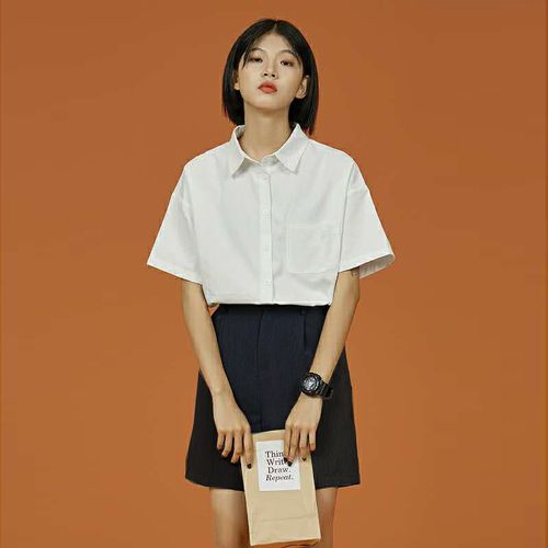 女生高中毕业穿的衬衫jk制服白色女夏季短袖宽松帅气港味衬衣领带学院