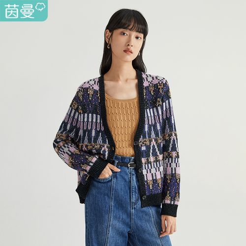 茵曼2021秋季新款女复古撞色提花宽松针织衫开衫毛衣1813549