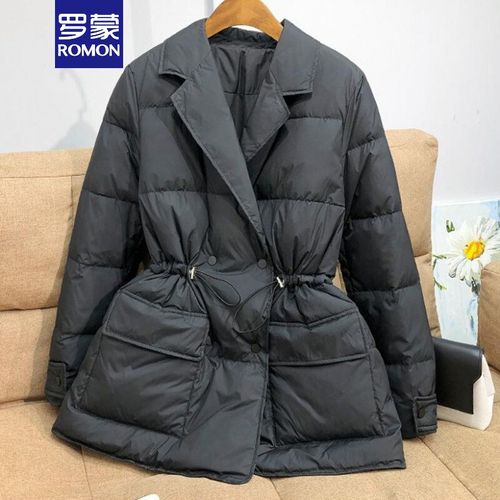 罗蒙官方轻奢高档翻领羽绒服女2021秋冬新款加厚保暖西装小个子抽绳