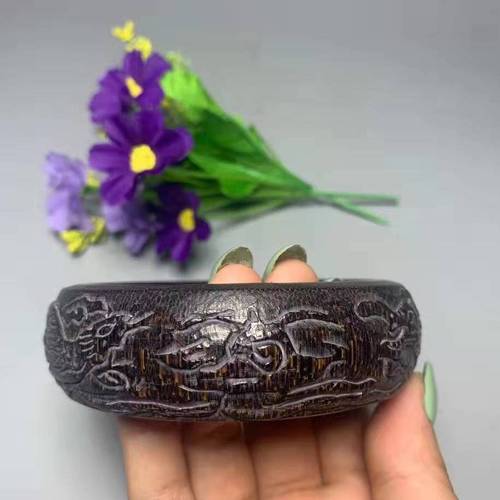 旧藏古玩老牛角尖精雕手镯仿古工艺品高仿犀牛角角雕收藏