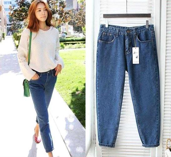 韩国代购复古蓝色宽松中腰显瘦牛仔裤小脚裤九分哈伦裤