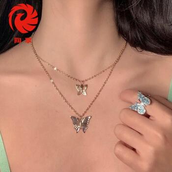 2021年新款欧美时尚跨境不规则双层镂空大小两只蝴蝶项链个性蝴蝶吊坠