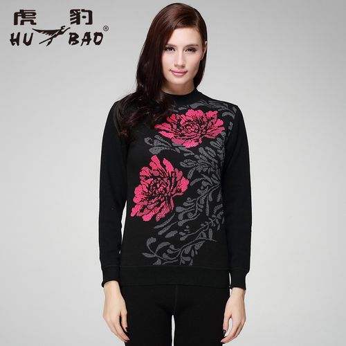 虎豹中老年半高领保暖内衣女士加厚加绒冬棉毛衫印花秋衣秋裤套装