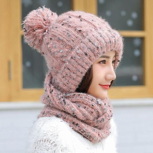 2018韩版保暖加厚毛线帽子围巾套装冬季女士可爱针织混色雪花帽子