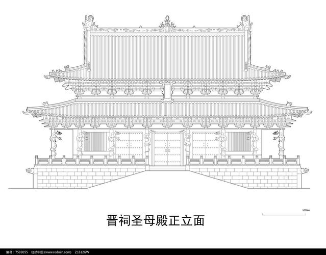 山西晋祠圣母殿立面图