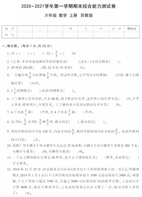 六年级上册数学试题2020-2021期末测试卷七(下载版)