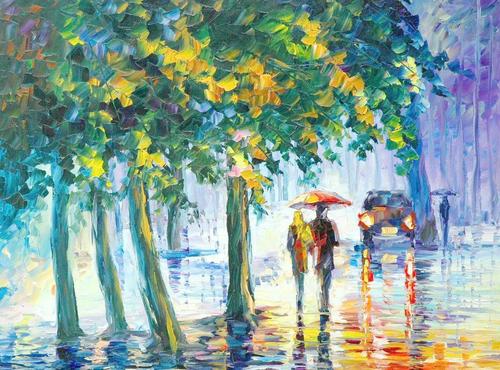 油画 雨中漫步图片