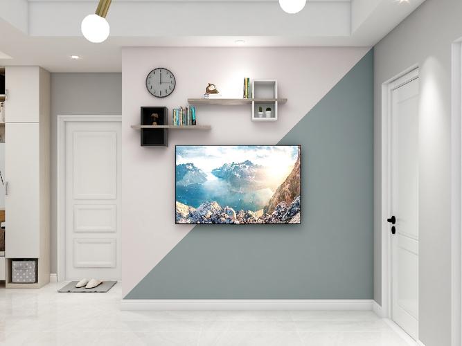 因主卧室门距离电视背景墙较近,所以不适宜做凸出造型,一个简单的分色