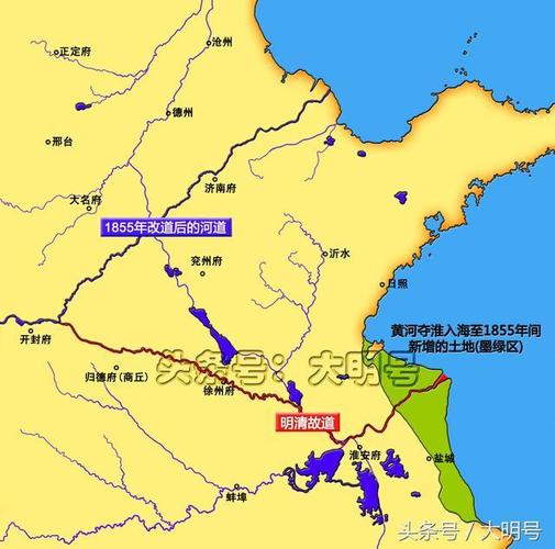 图说黄河夺淮入海,数百年间苏北海岸线东移百余里,盐城不再靠海