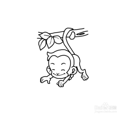 第六步:画上小猴子长长的尾巴抓在树枝上.