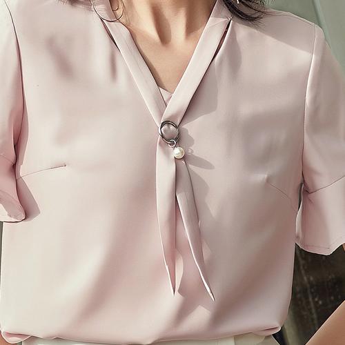 【2019夏新品】ol风飘带领口装饰荷叶边雪纺衬衫女士衬衫