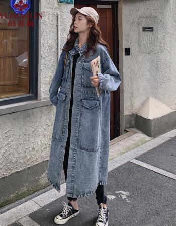 新款牛仔风衣女过膝中长款韩版宽松休闲百搭外套潮牛仔蓝雪花渐变色xs