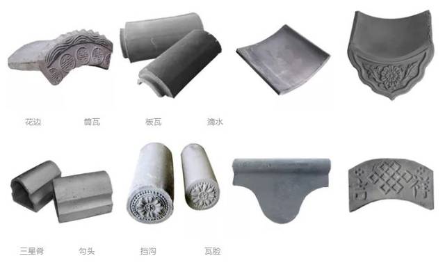 根据青瓦在建筑部位的运用,可分为 花边,筒瓦,板瓦,滴水,三星脊,勾头