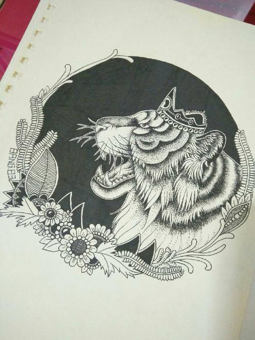 黑白生肖画虎手绘线描