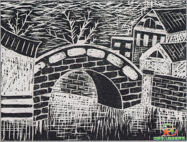 少儿版画有桥的风景