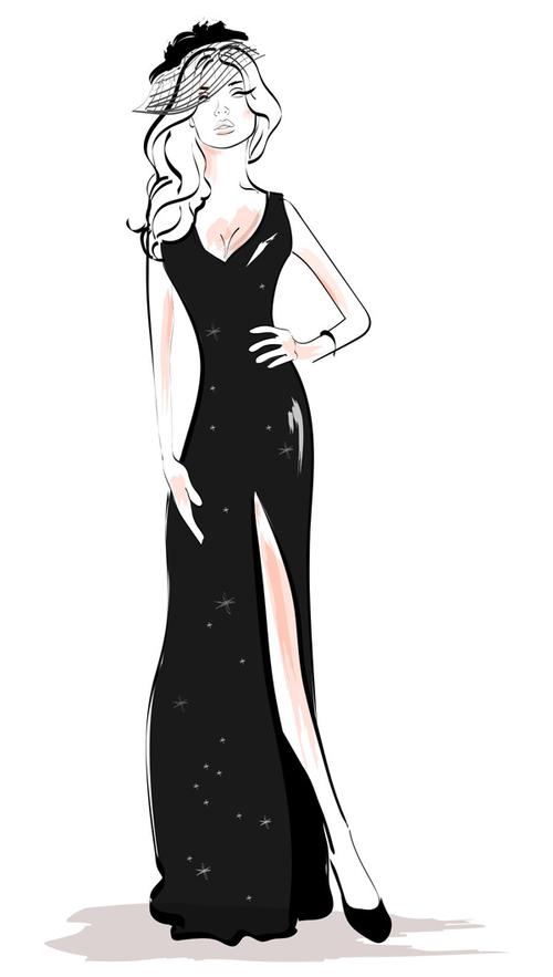 手绘黑色长裙美女