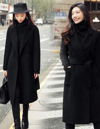 大衣女士外套宽松中长款美少女休闲洋气温柔风时尚名媛新款秋装黑黑色