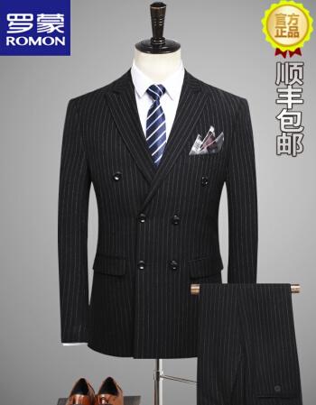 高档韩版新郎伴郎礼服男士西服套装三件套修身竖条纹双排扣小西装婚礼