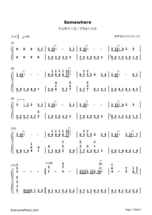 somewhere-秀逗魔导士第三季try片尾曲双手简谱预览1