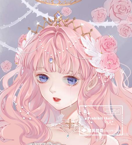 头像_原创oc日系厚涂项链珍珠玫瑰紫瞳粉发少女头像荆棘绘画作品