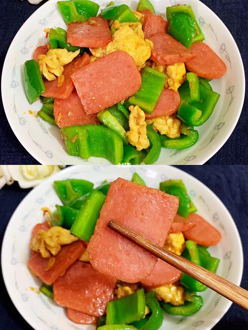 青椒火腿炒鸡蛋,超好吃的家常下饭菜_火腿肠_下饭菜_蚝油_上色_快手菜