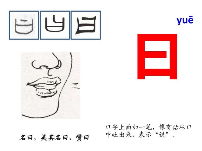 曰 名曰,美其名曰,赞曰 yuē 口字上面加一笔,像有话从口 中吐出来