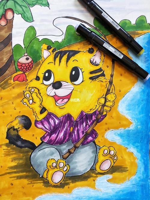 马克笔儿童绘画_马克笔_绘画_儿童画_垂钓_小猫_马克笔儿童画_文化