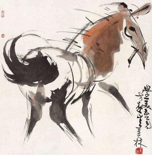 《骏马图》 韩美林 画家 名人字画 40*40cm 包邮